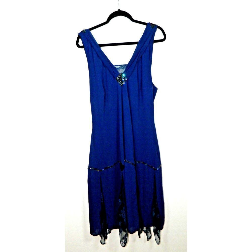 Unique Vintage Dress Medium Blue Lace Sequin Asymetric Hem Swing Midi